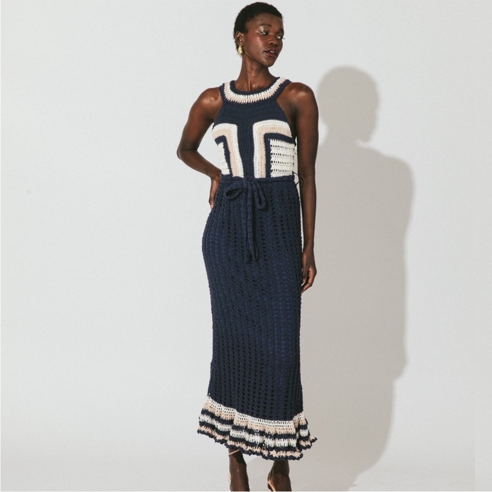 Cleobella small Navy and Cream Crochet Midi Dress ruffle hem - Picture 2 of 5